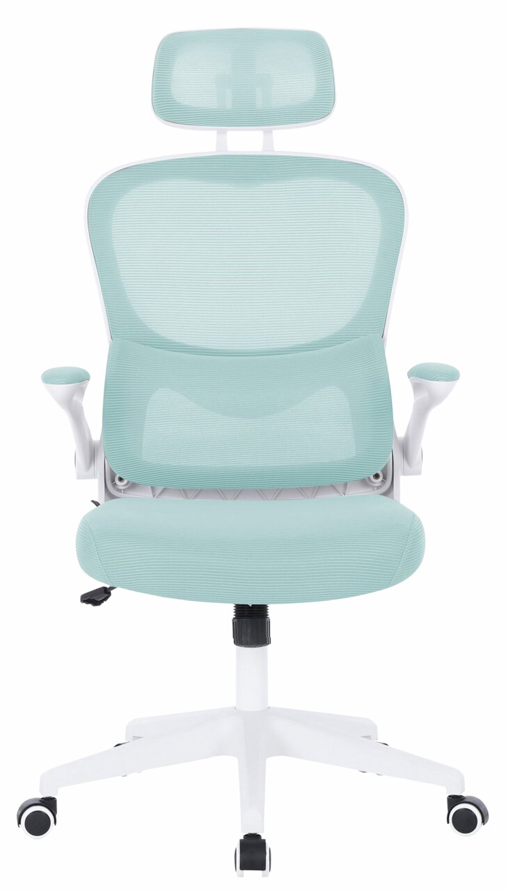 Moderner Drehstuhl in hellem Türkis mit ergonomischer Rückenlehne und Kopfstütze, Frontalansicht