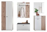 Garderoben-Set in moderner Frontansicht mit weißem und holzfarbenem Design, bestehend aus einem hohen Schrank, einer Wandgarderobe mit Haken und Ablage, einer Sitzbank mit Stauraum und einem Spiegel mit Kommode.