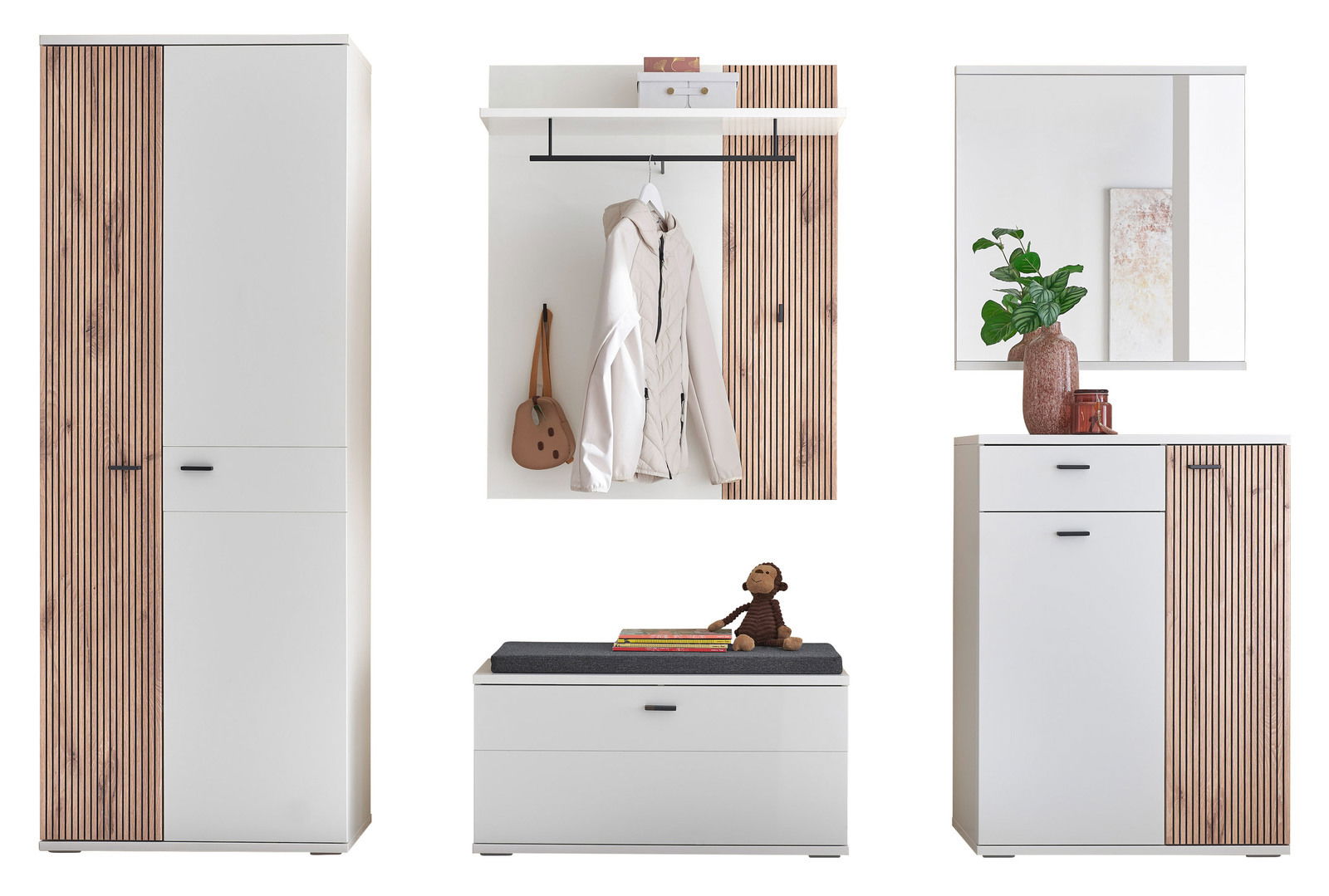 Garderoben-Set in moderner Frontansicht mit weißem und holzfarbenem Design, bestehend aus einem hohen Schrank, einer Wandgarderobe mit Haken und Ablage, einer Sitzbank mit Stauraum und einem Spiegel mit Kommode.