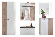 Garderoben-Set in moderner Frontansicht mit weißem und holzfarbenem Design, bestehend aus einem hohen Schrank, einer Wandgarderobe mit Haken und Ablage, einer Sitzbank mit Stauraum und einem Spiegel mit Kommode.