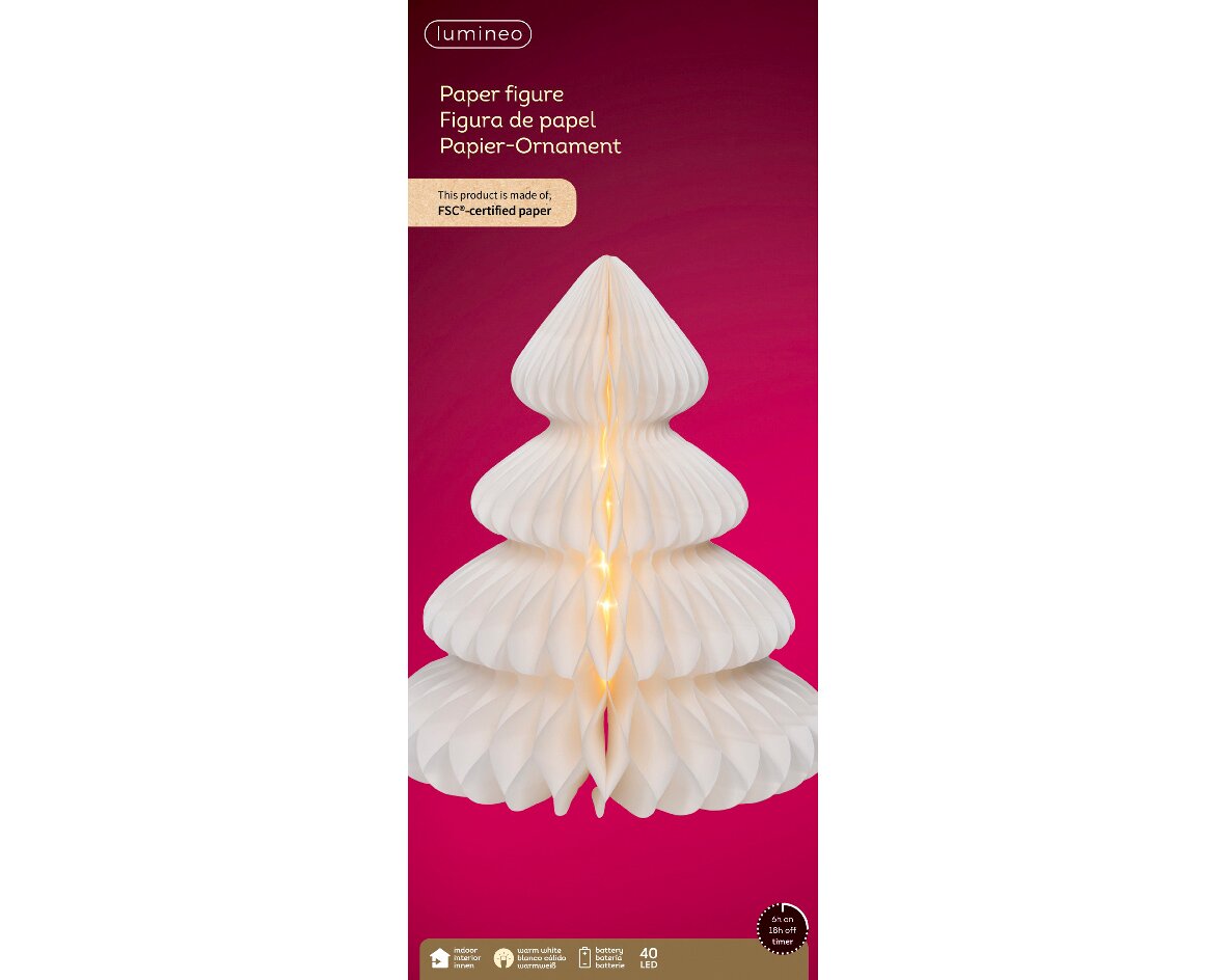Weißer Papierbaum mit integrierten warmweißen Micro-LEDs, frontal abgebildet vor einem roten Hintergrund.