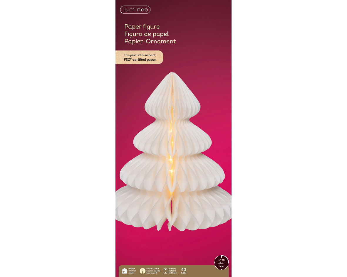 Lumineo Micro LED Papierbaum 48cm Weißer Papierbaum mit integrierten warmweißen Micro-LEDs, frontal abgebildet vor einem roten Hintergrund.