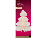 Weißer Papierbaum mit integrierten warmweißen Micro-LEDs, frontal abgebildet vor einem roten Hintergrund.