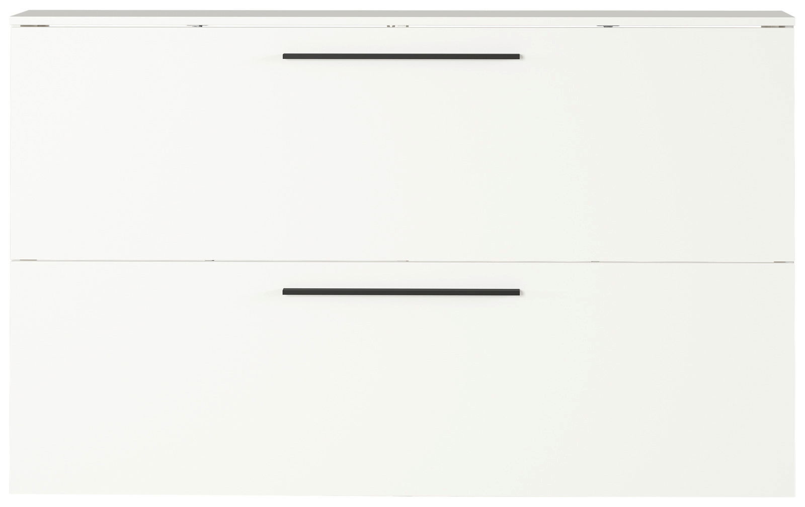 Moderner weißer Schuhschrank mit zwei Klappen und schwarzen Griffen, Frontalansicht