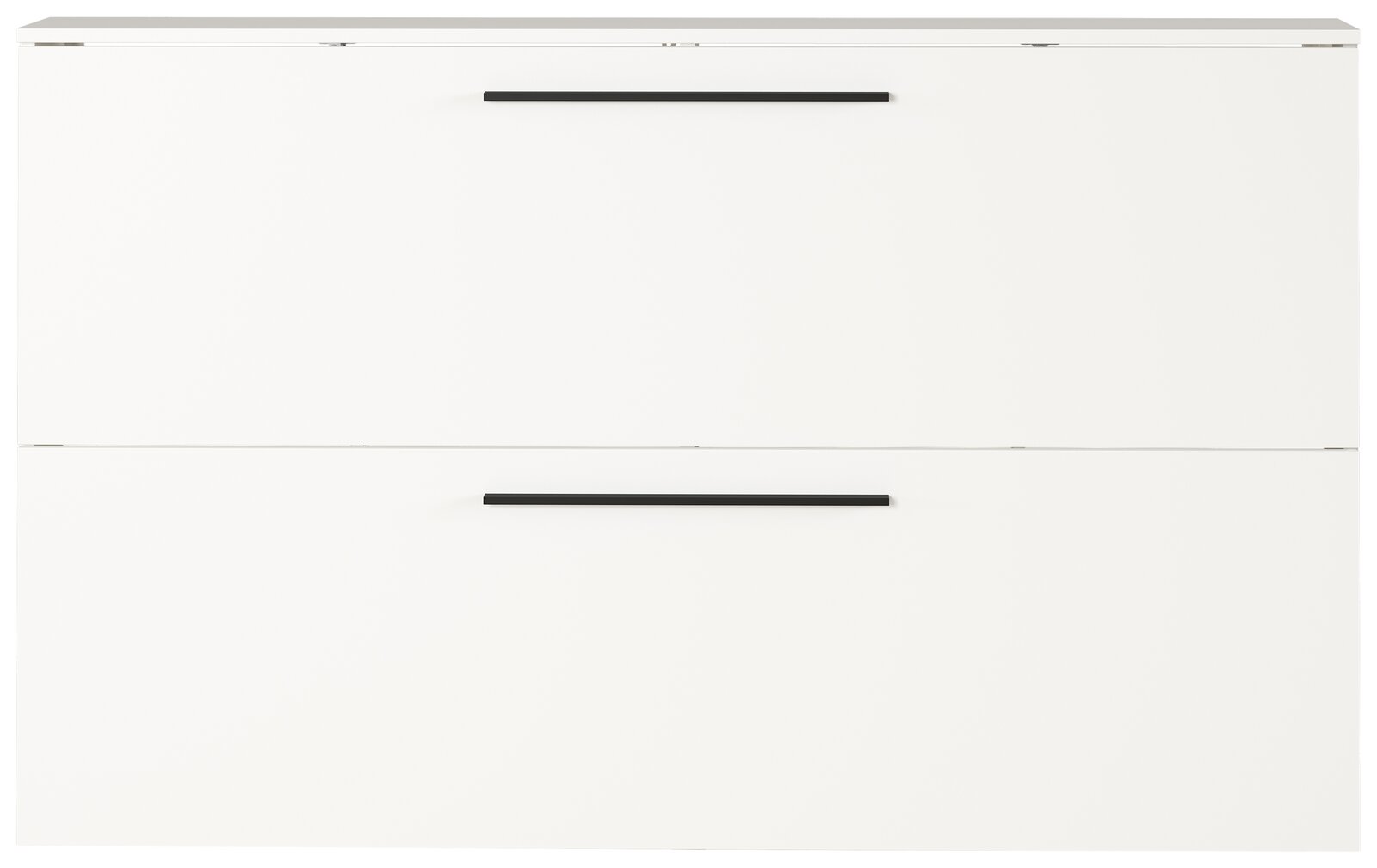 Moderner weißer Schuhschrank mit zwei Klappen und schwarzen Griffen, Frontalansicht