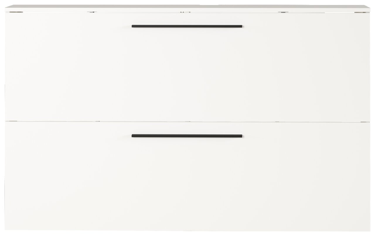 Moderner weißer Schuhschrank mit zwei Klappen und schwarzen Griffen, Frontalansicht