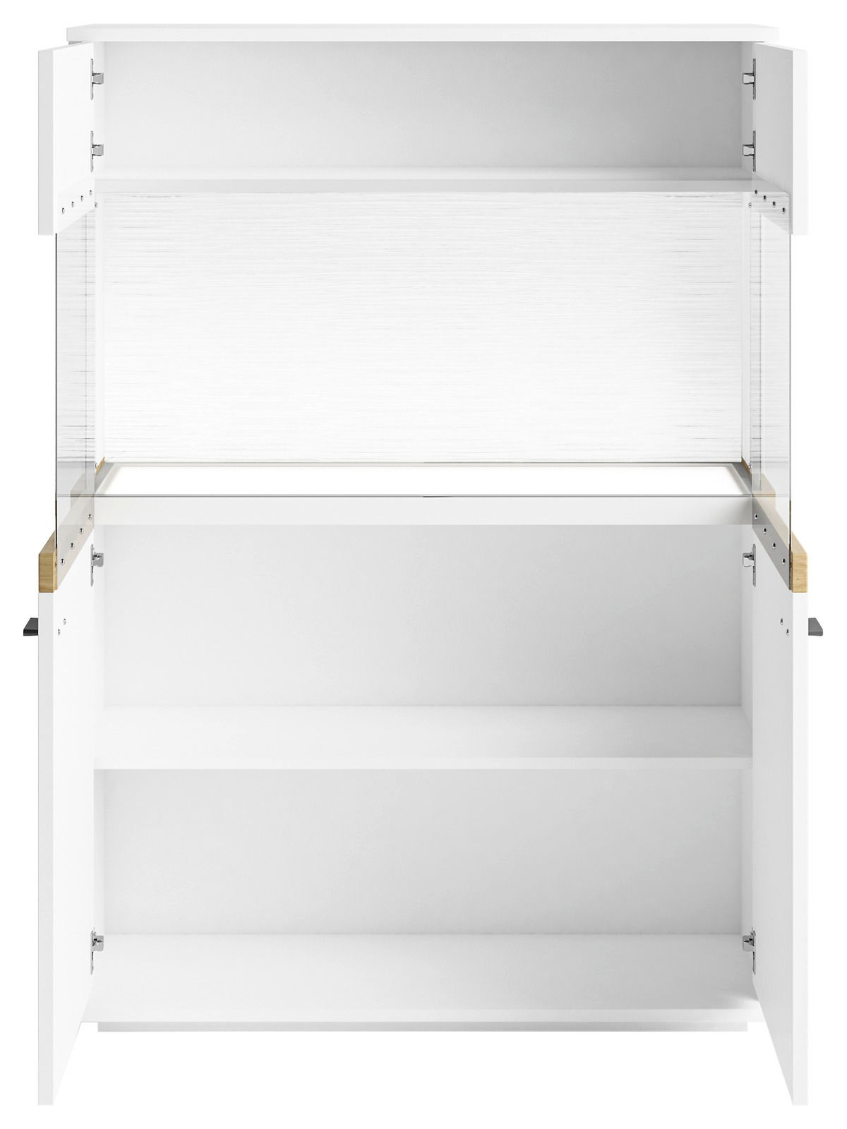 Weißes Highboard mit offenen Türen, Frontalansicht