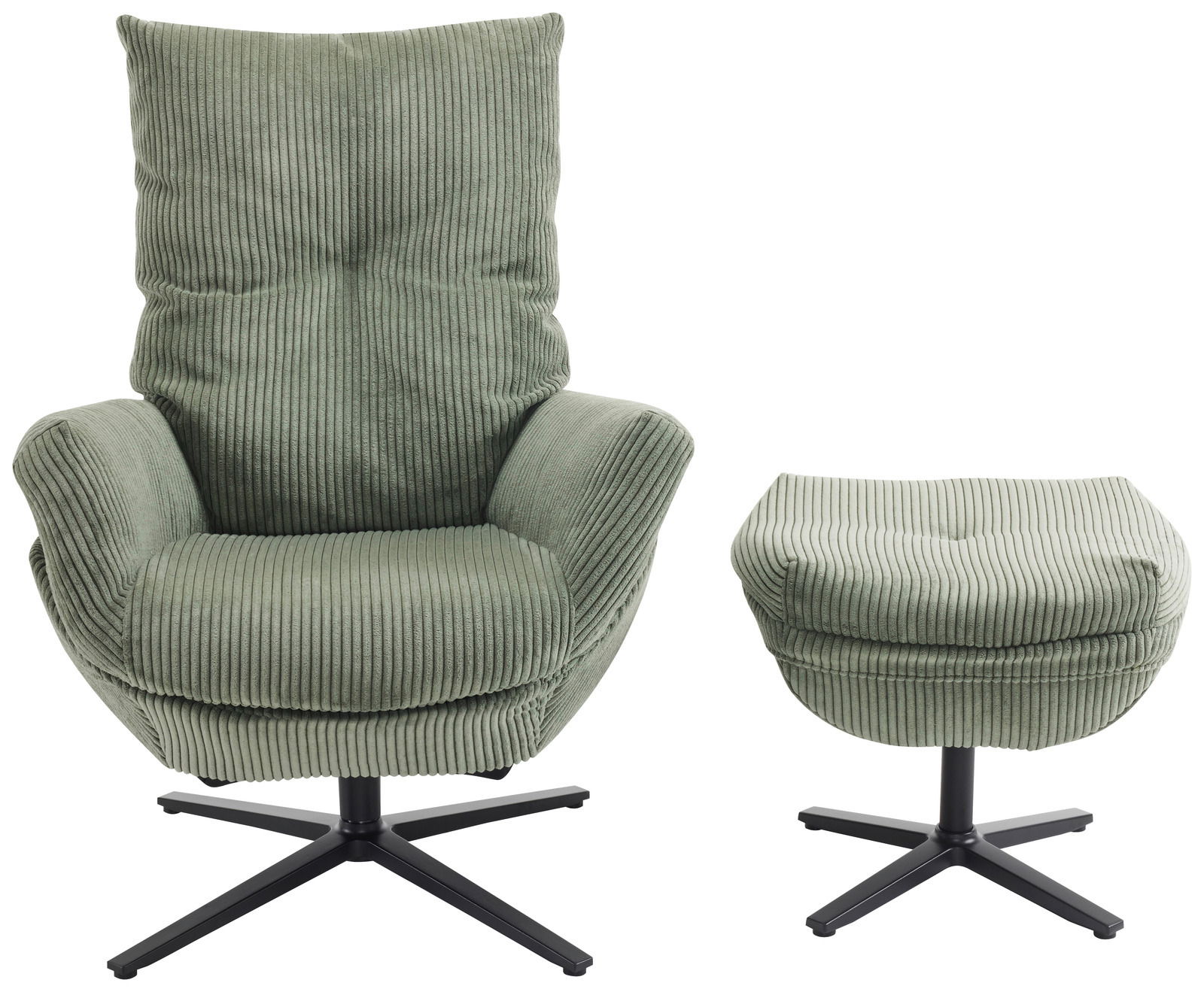 Grüner Relaxsessel mit Hocker, Vorderansicht, mit geripptem Stoffbezug und schwarzem Metallfuß.