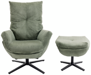 Grüner Relaxsessel mit Hocker, Vorderansicht, mit geripptem Stoffbezug und schwarzem Metallfuß.