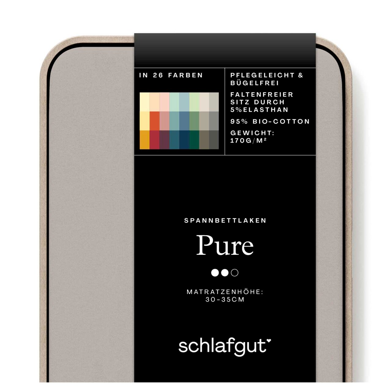 Verpackung eines Spannbettlakens in der Farbe Pure, geeignet für Matratzenhöhen von 30-35 cm, aus 95% Bio-Baumwolle und 5% Elasthan, pflegeleicht und bügelfrei, in 26 Farben erhältlich, Vorderansicht