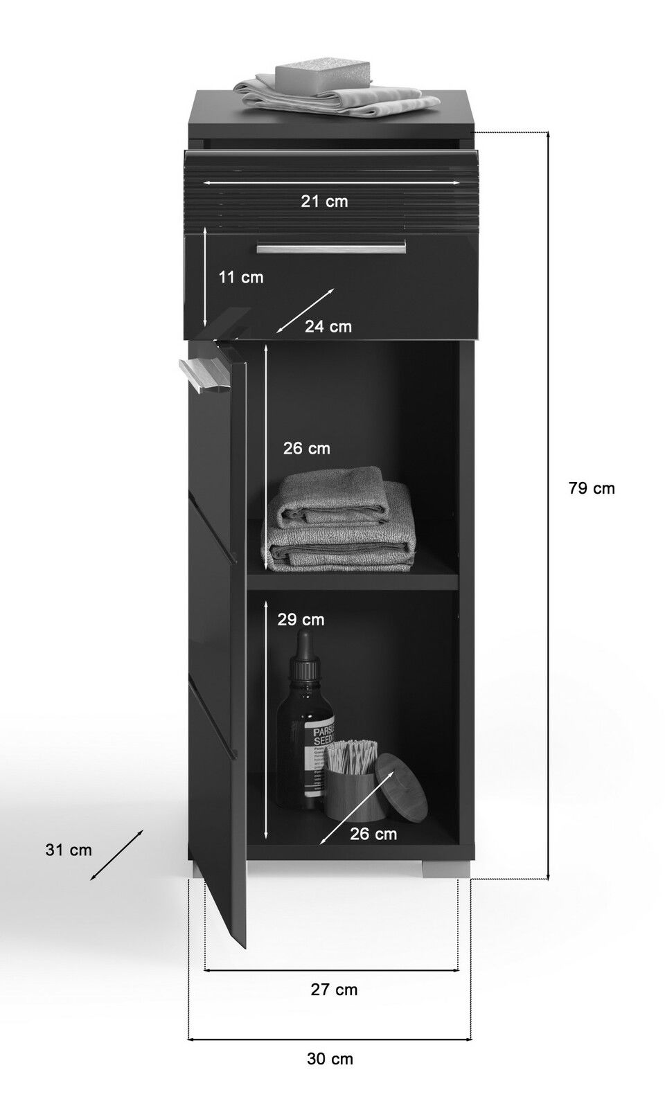 Schwarzer Badschrank mit einer Schublade und zwei Fächern, gefüllt mit Handtüchern und Pflegeprodukten, aus der Vorderansicht.