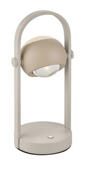 Moderne Akku-Tischleuchte in Beige mit rundem, schwenkbarem Leuchtkopf und stabilem Standfuß, seitliche Perspektive