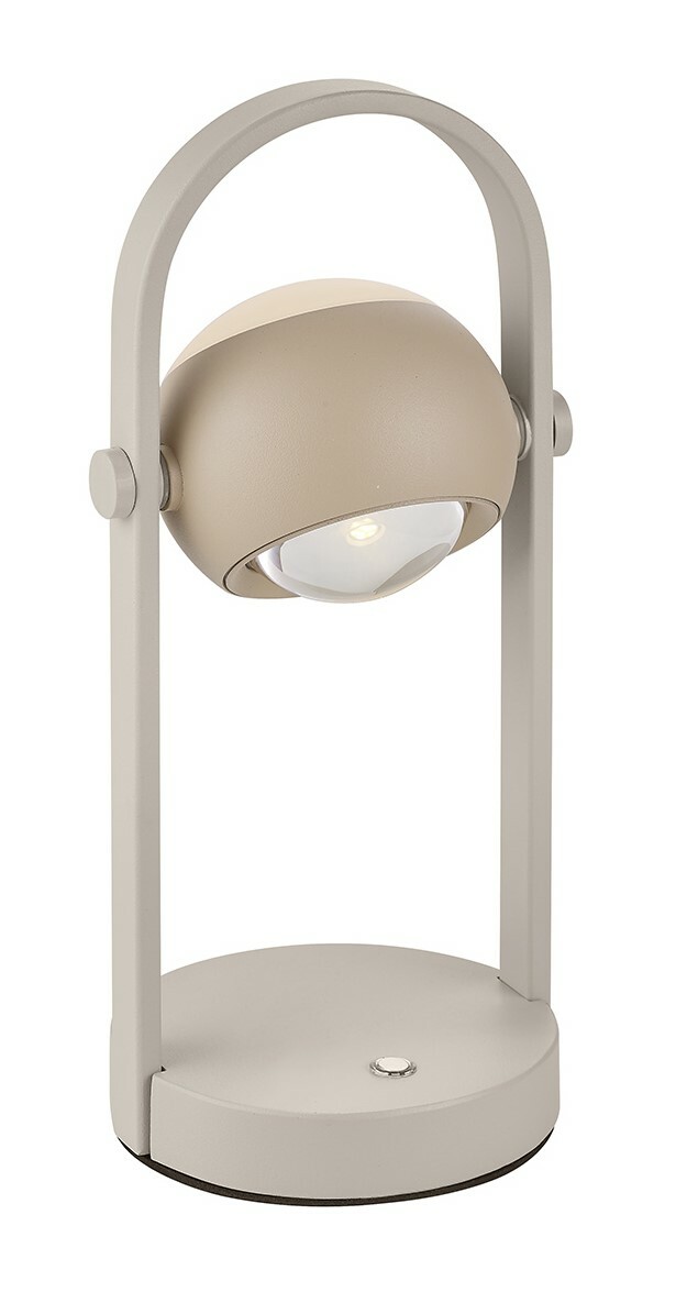 Moderne Akku-Tischleuchte in Beige mit rundem, schwenkbarem Leuchtkopf und stabilem Standfuß, seitliche Perspektive