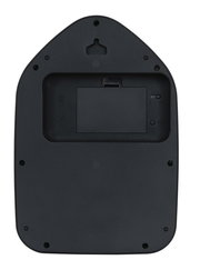 Rückansicht einer schwarzen Wanduhr mit Batteriefach und Aufhängung.