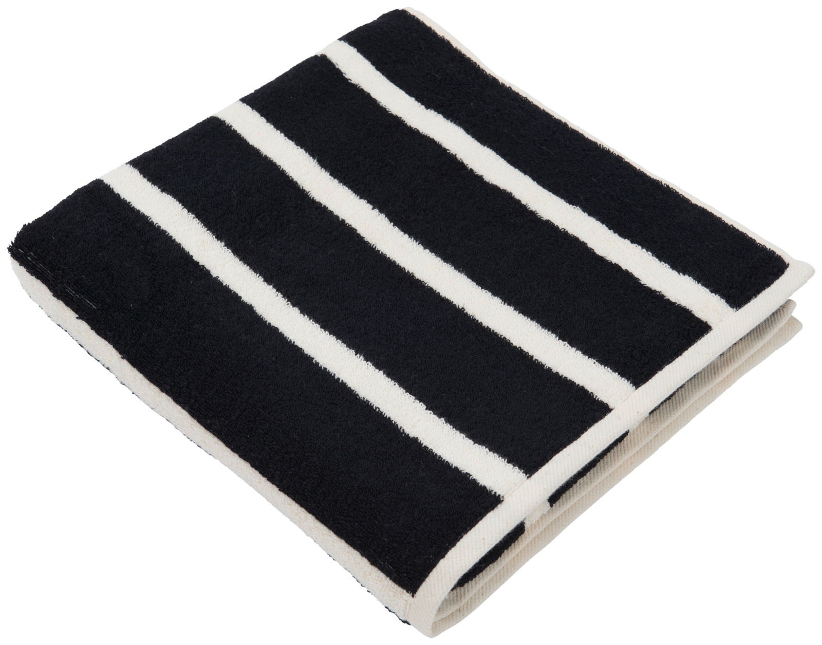 Gefaltetes Duschtuch mit schwarzen und weißen Streifen, von oben betrachtet.