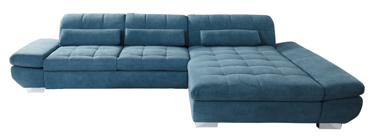 Blaue Longchairkombination mit drei Rückenkissen und einer Liegefläche, Perspektive von vorne.