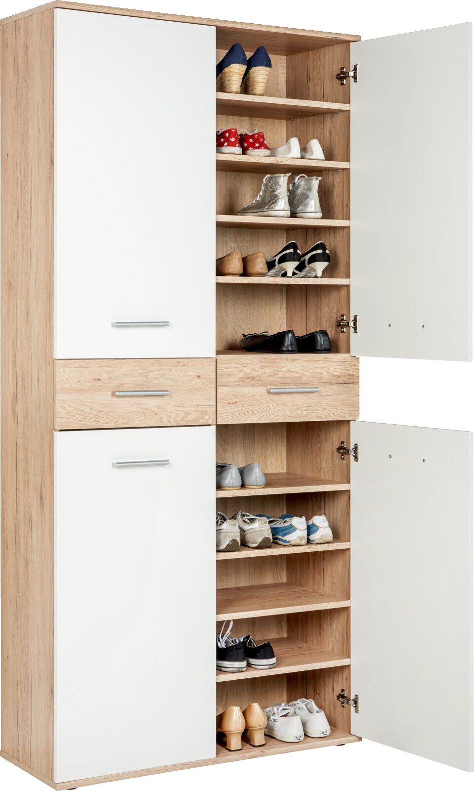 XL-Schuhschrank mit offenen und geschlossenen Türen, gefüllt mit verschiedenen Schuhen, aus einer frontalen Perspektive.
