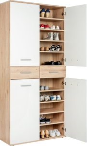 XL-Schuhschrank mit offenen und geschlossenen Türen, gefüllt mit verschiedenen Schuhen, aus einer frontalen Perspektive.