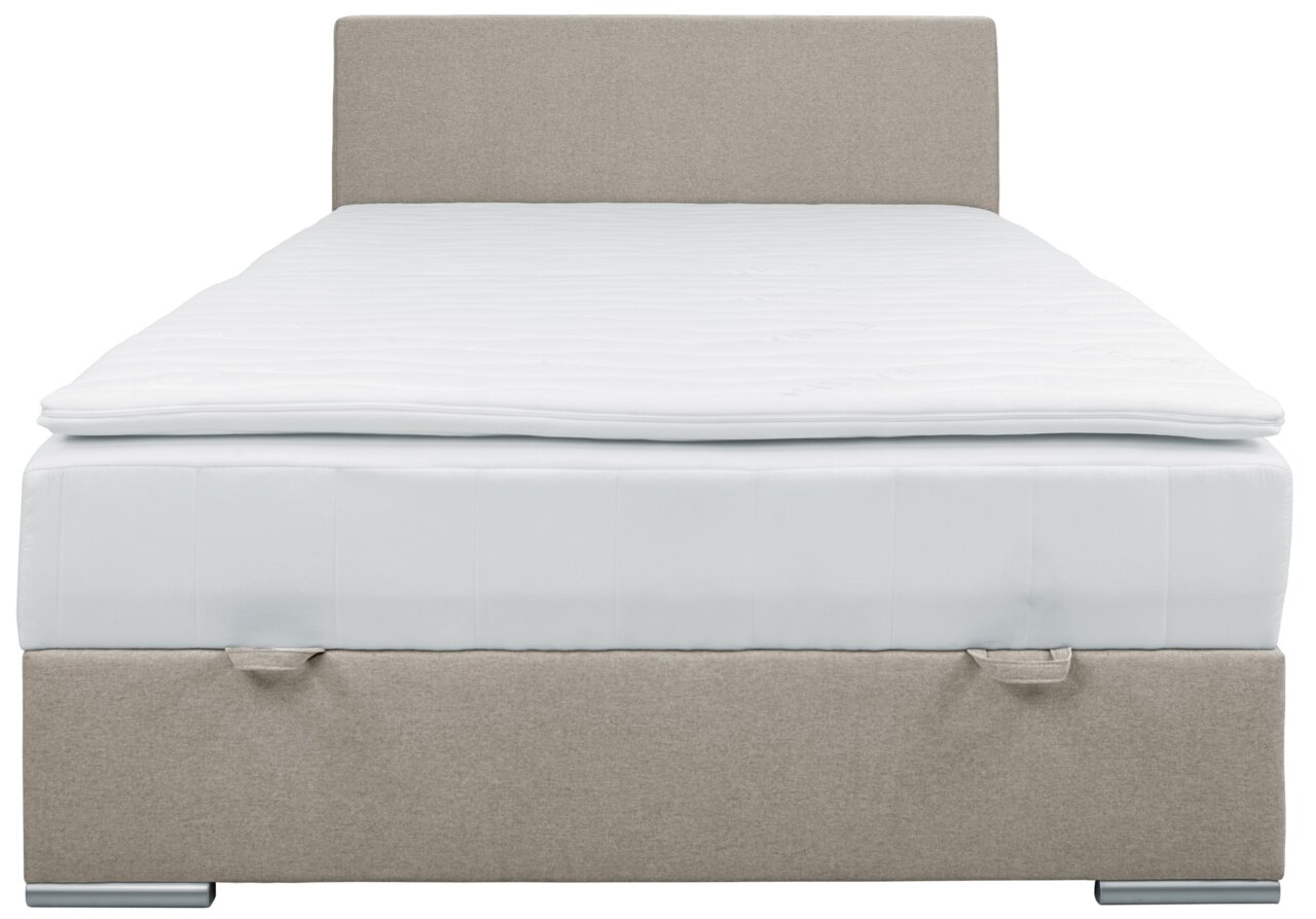 Boxbett 140 in Frontalansicht mit beigem Kopfteil und weißer Matratze