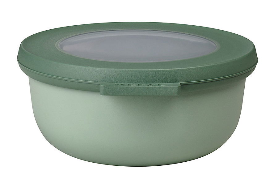 Grüne runde Multischüssel Cirqula mit transparentem Deckel, seitliche Perspektive