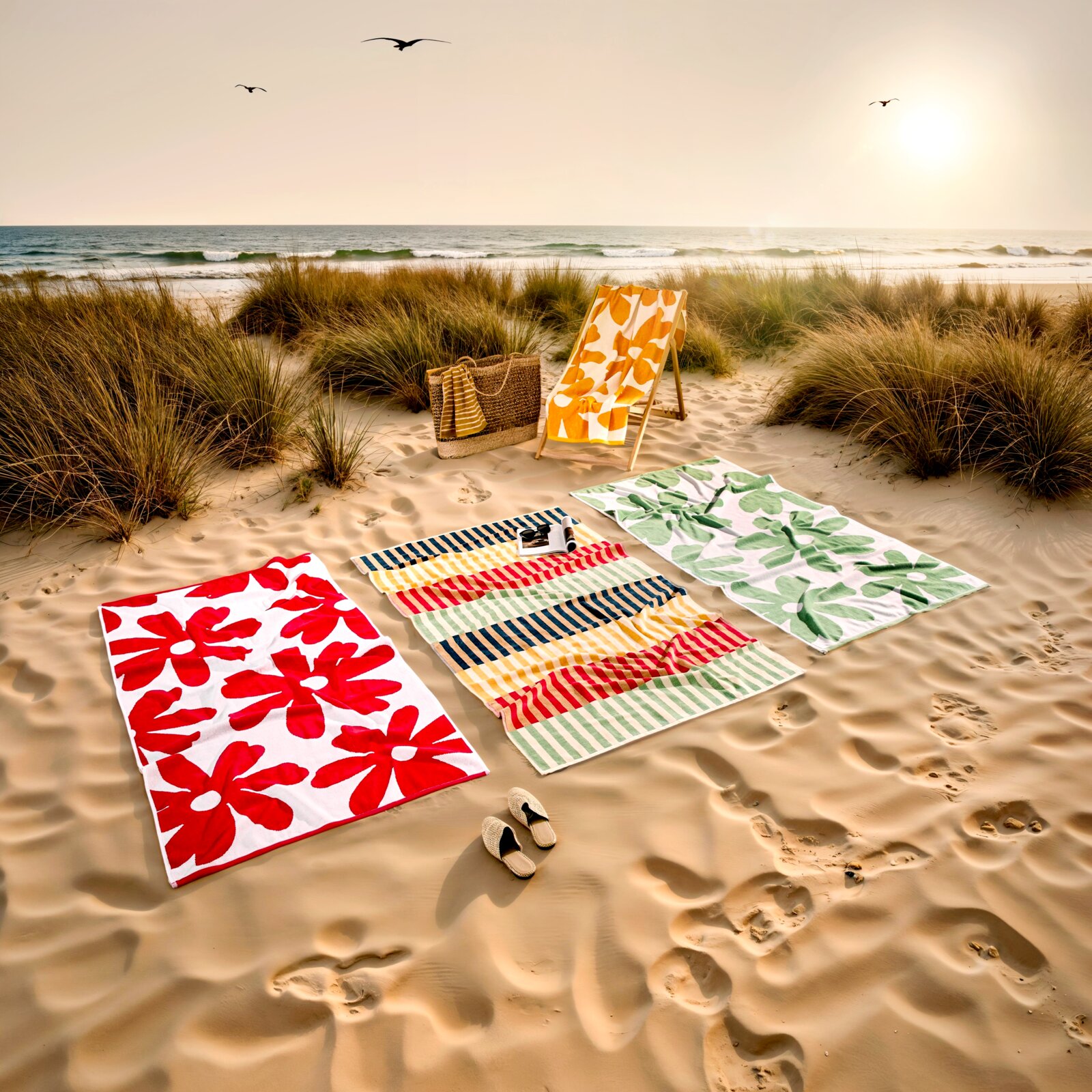 Sommerliches Strand-Setup mit drei gemusterten Strandtüchern (rot-weiß, bunt gestreift, grün-weiß), Liegestuhl mit gelb-weißem Tuch, Strohtasche und Sandalen in den Dünen am Meer bei Sonnenuntergang, Perspektive: leicht erhöhte Vorderansicht (Weitwinkel)