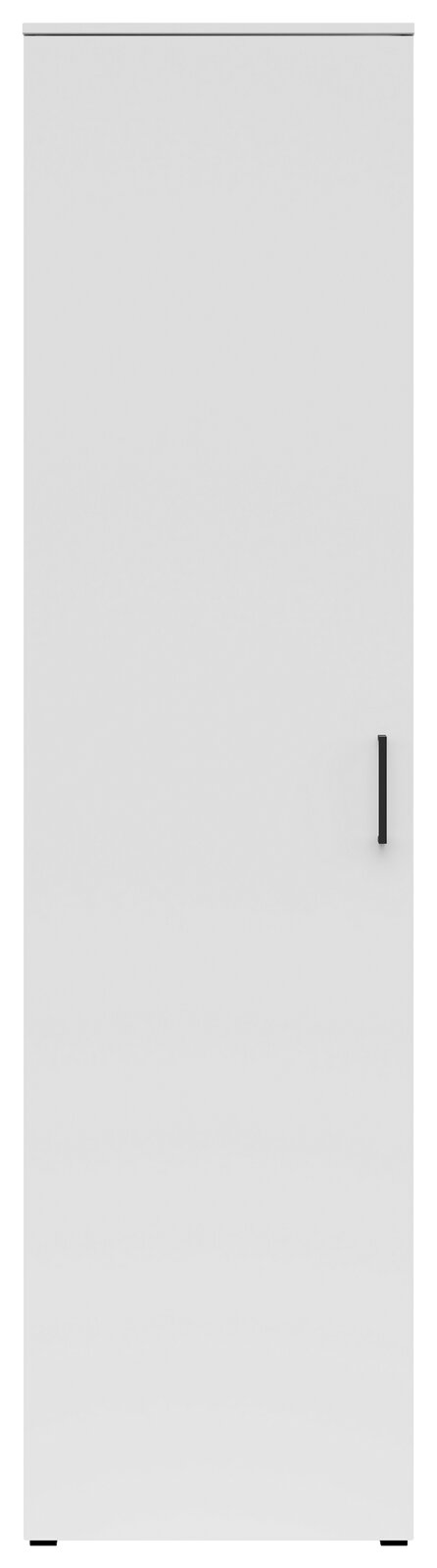 Frontansicht eines weißen Mehrzweckschranks mit schwarzem Griff.