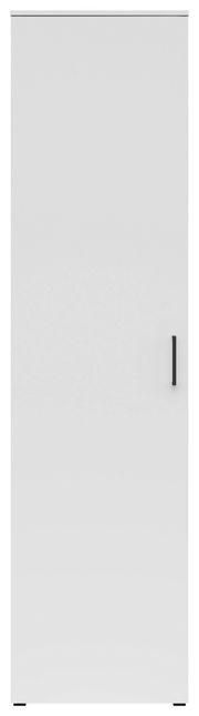 Frontansicht eines weißen Mehrzweckschranks mit schwarzem Griff.