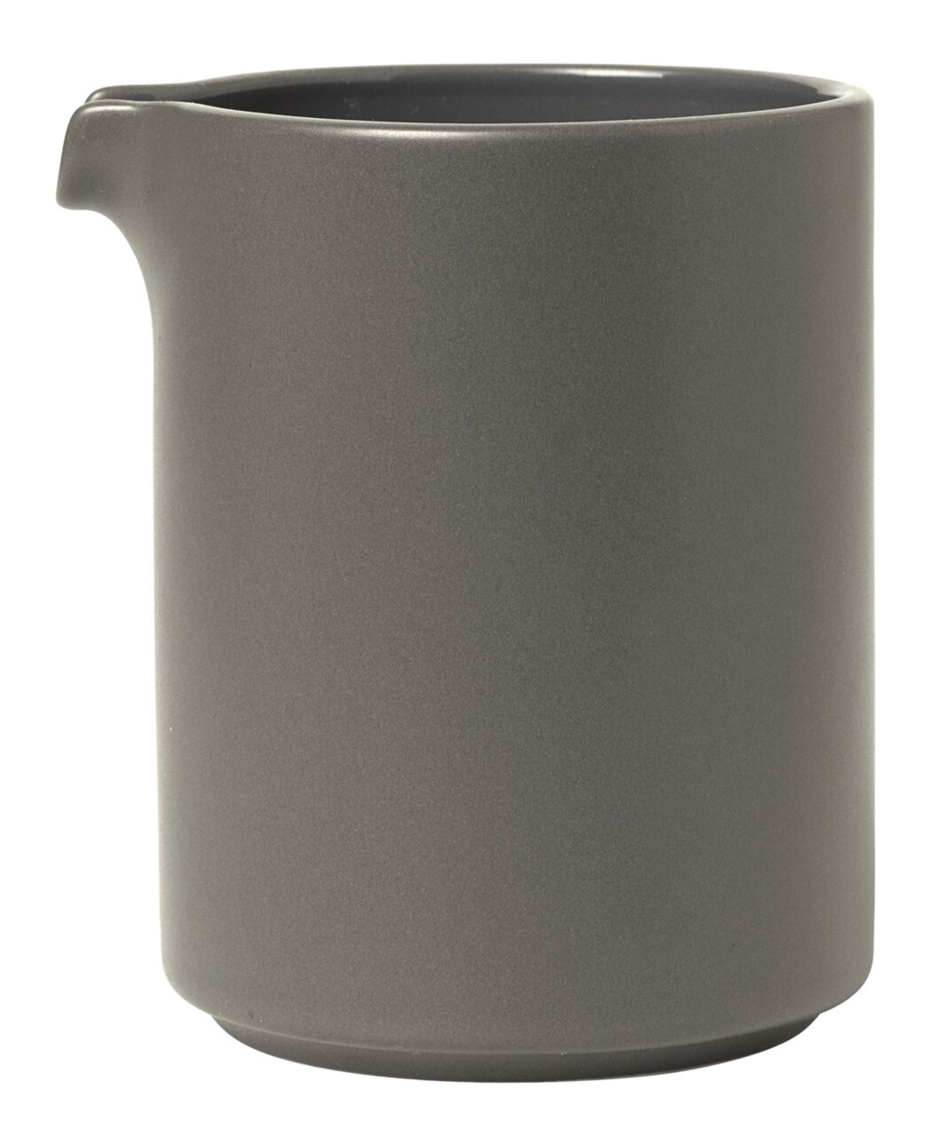 Graues Milchkännchen aus Keramik mit schlichtem Design, seitliche Perspektive