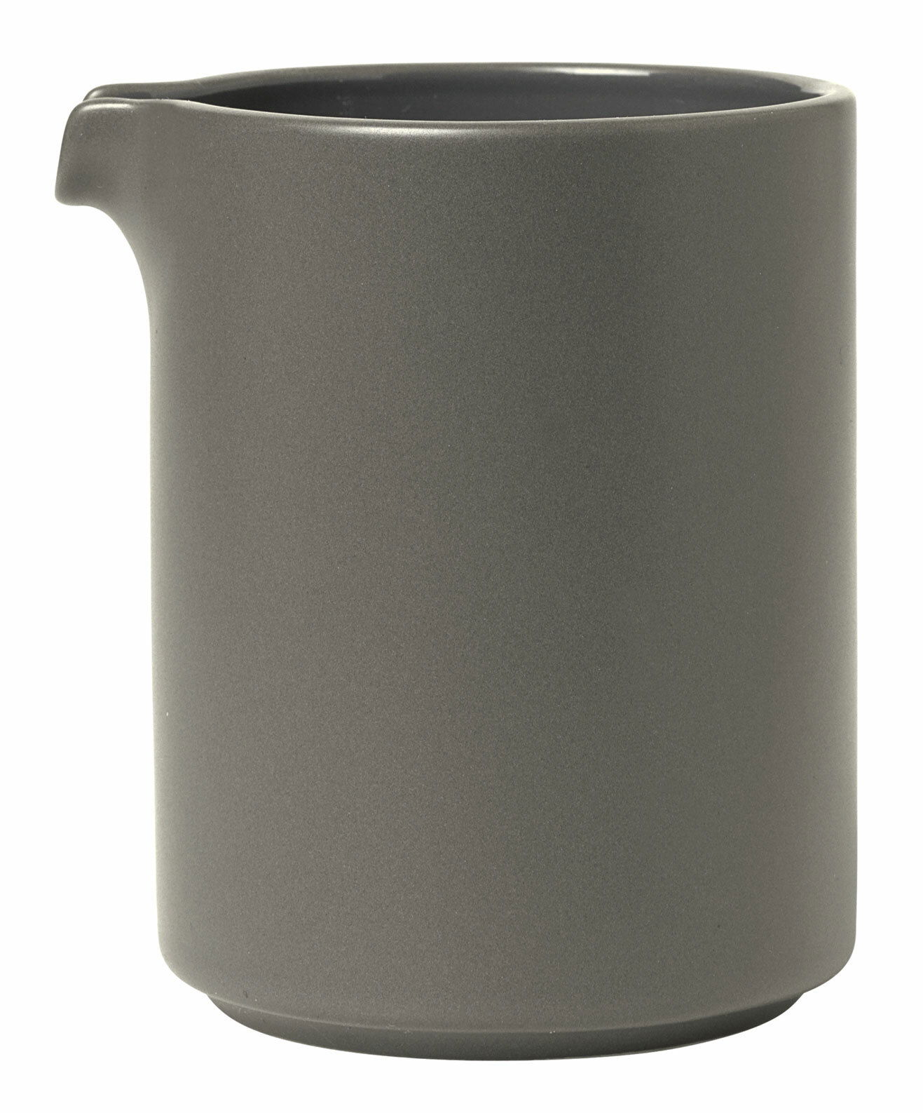 Graues Milchkännchen aus Keramik mit schlichtem Design, seitliche Perspektive