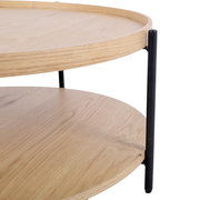 Moderner Couchtisch mit zwei runden Holzplatten und schwarzen Metallbeinen, seitliche Perspektive