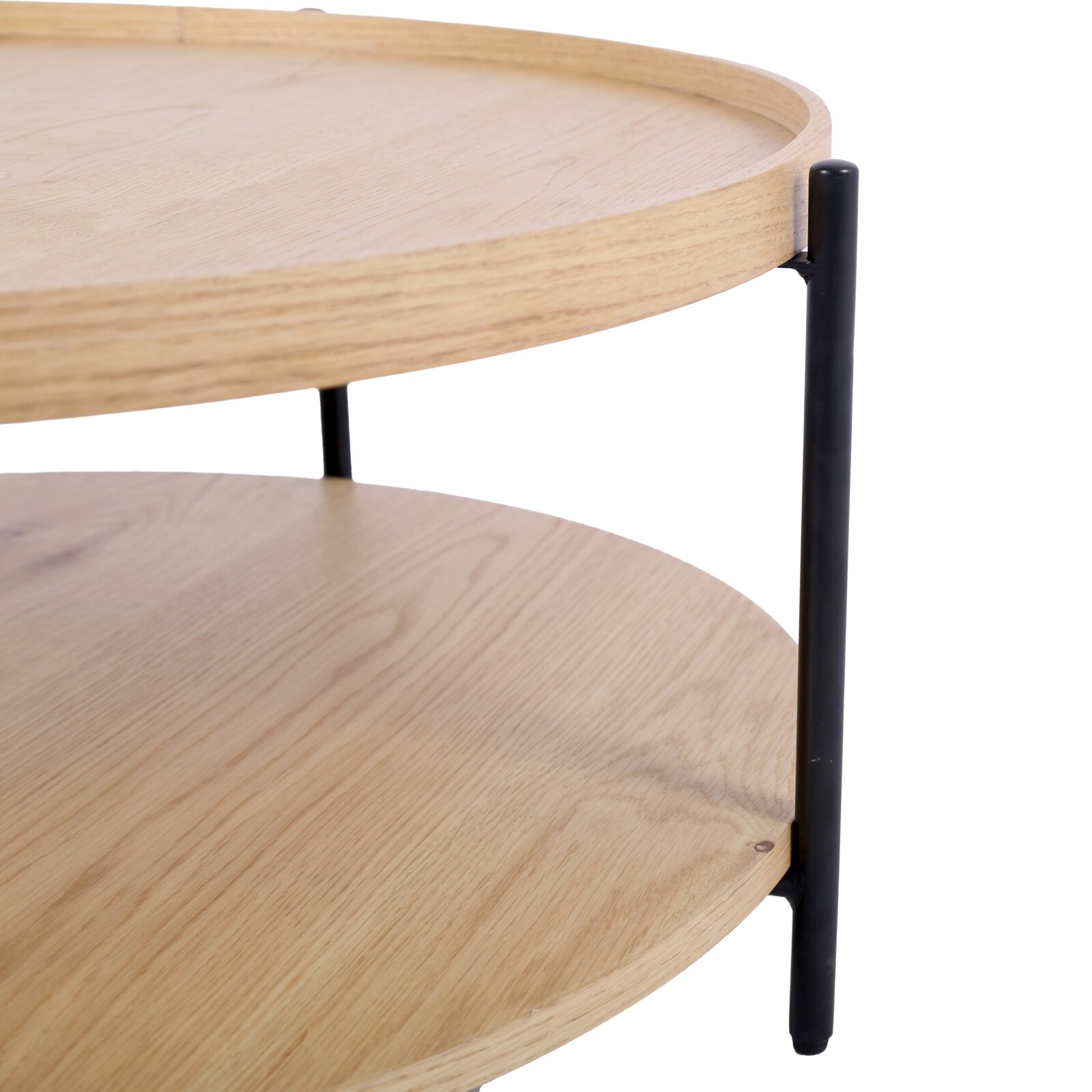 Moderner Couchtisch mit zwei runden Holzplatten und schwarzen Metallbeinen, seitliche Perspektive