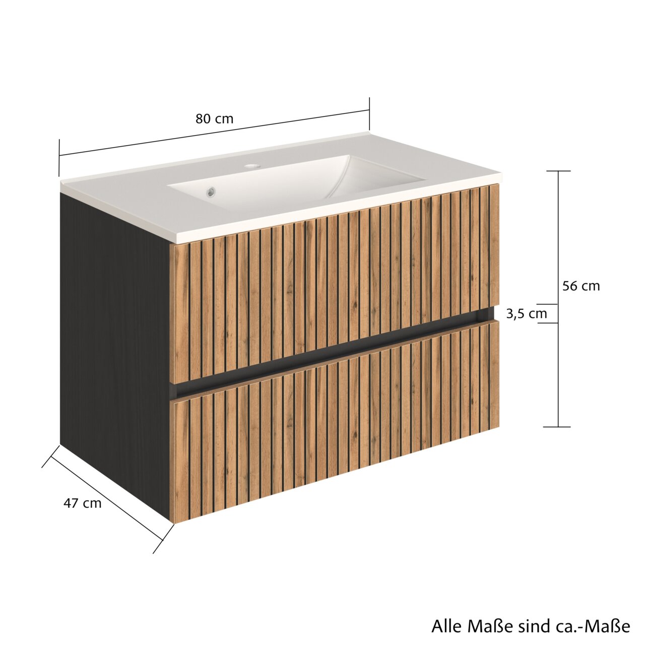 Wastafelset met houtlook, vooraanzicht, afmetingen: 80 cm breed, 47 cm diep, 56 cm hoog