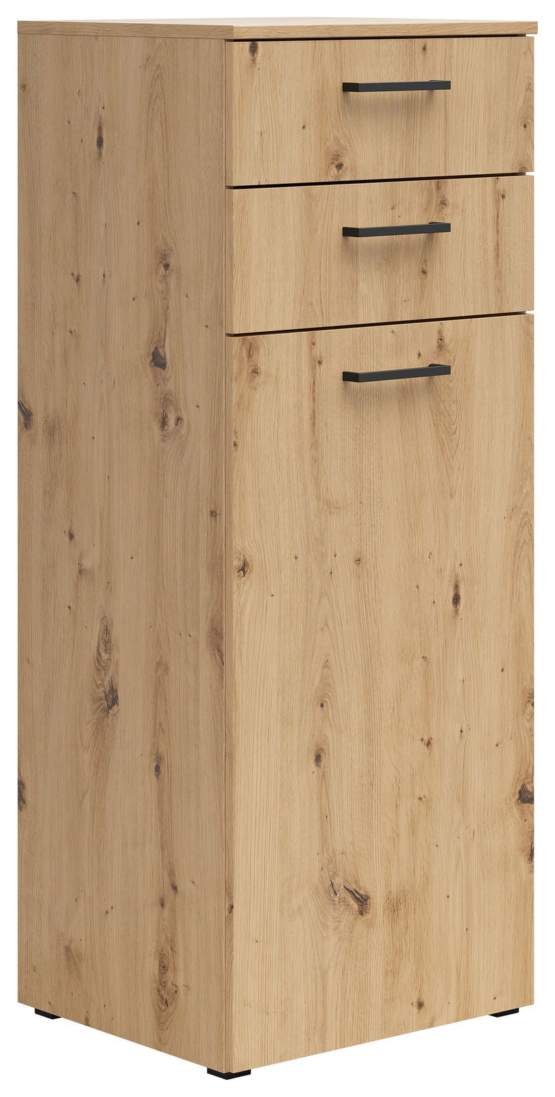 Holzkommode mit drei Schubladen und schwarzen Griffen, seitliche Perspektive