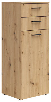 Holzkommode mit drei Schubladen und schwarzen Griffen, seitliche Perspektive