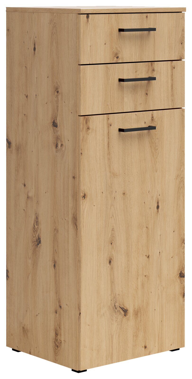 Holzkommode mit drei Schubladen und schwarzen Griffen, seitliche Perspektive