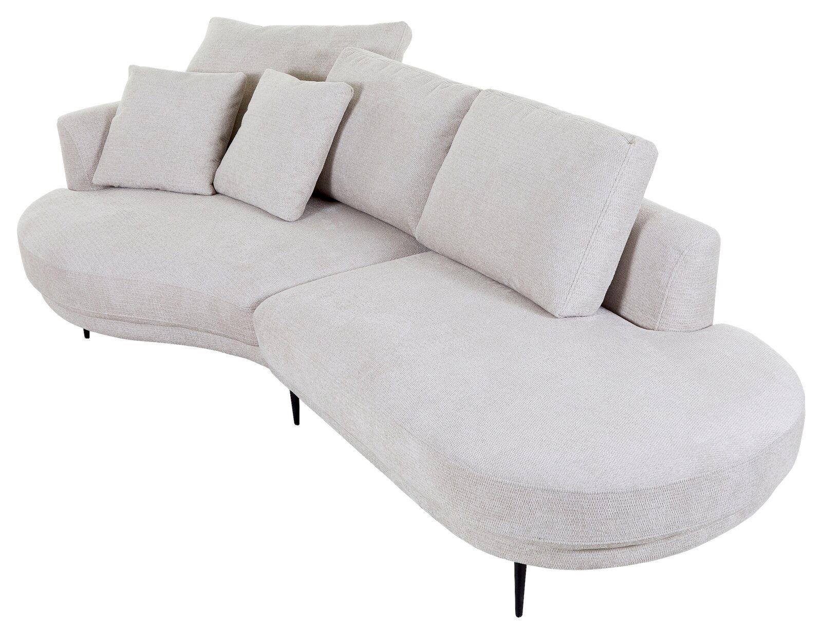 Helle, moderne Rundecke mit Ottomane links, aus der Vogelperspektive fotografiert. Die Couch hat eine geschwungene Form und ist mit mehreren Kissen ausgestattet.