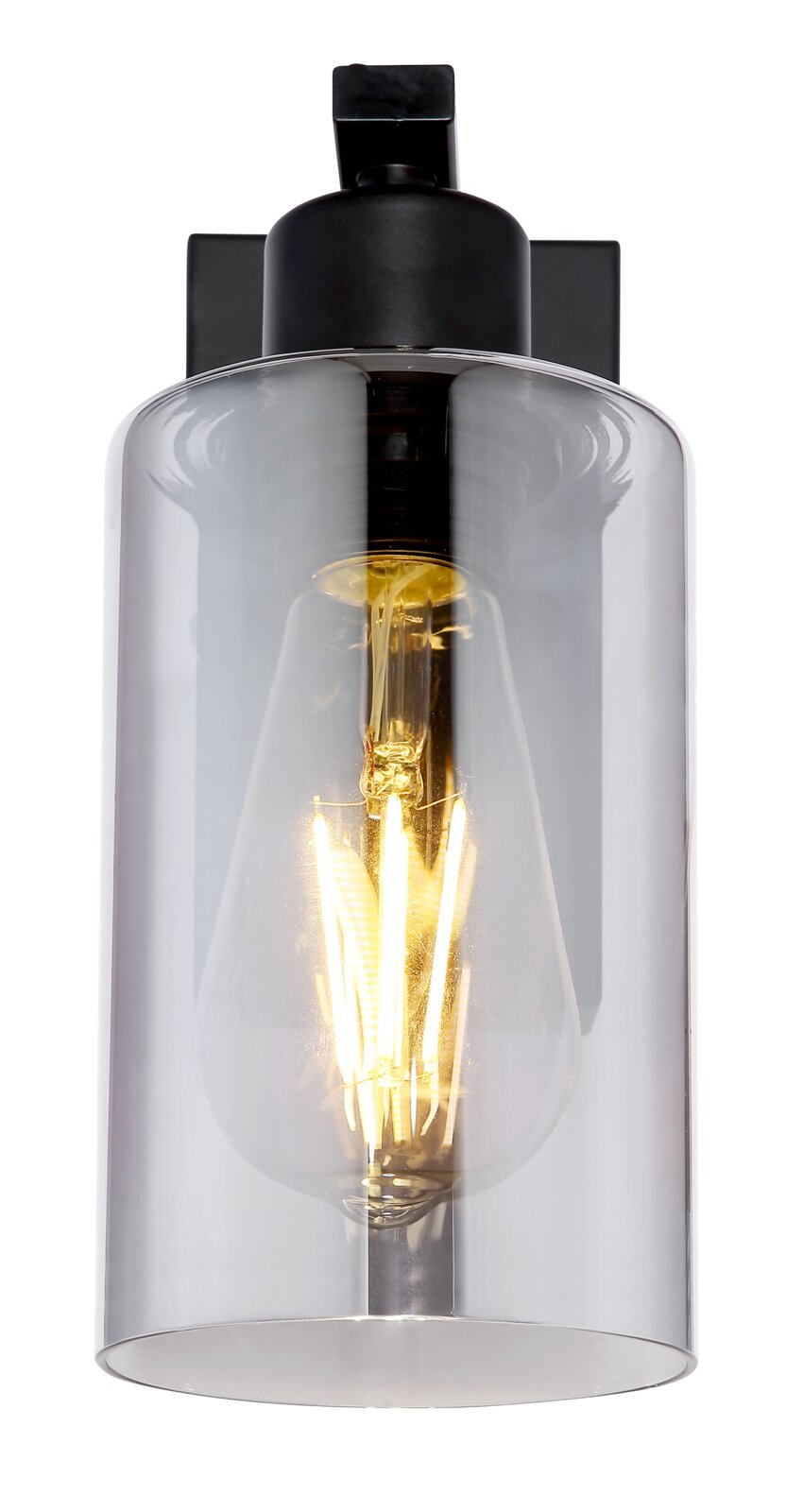 Moderne Wandleuchte mit klarem Glaszylinder und sichtbarer Glühbirne, frontal betrachtet.
