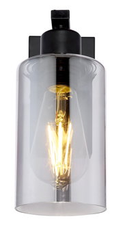 Moderne Wandleuchte mit klarem Glaszylinder und sichtbarer Glühbirne, frontal betrachtet.