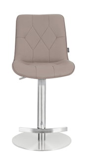 Moderne barkruk met beklede zitting in beige en verchroomd onderstel, vooraanzicht
