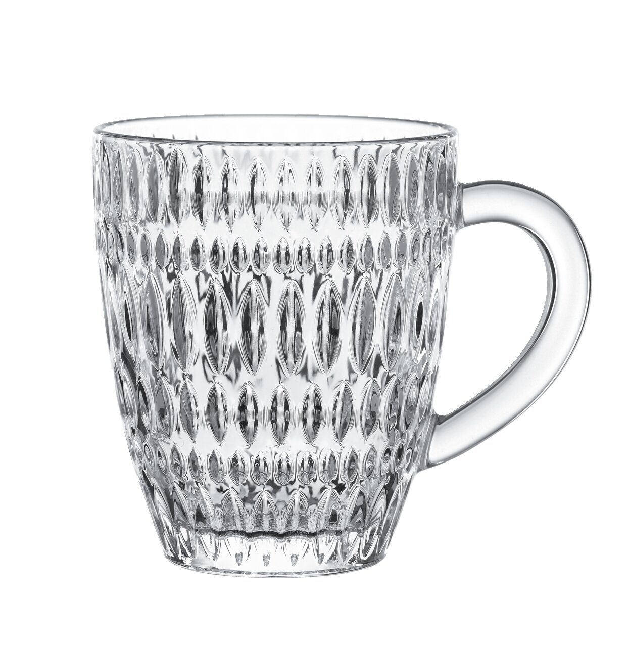 Glasbecher mit Ethno-Muster, seitliche Perspektive