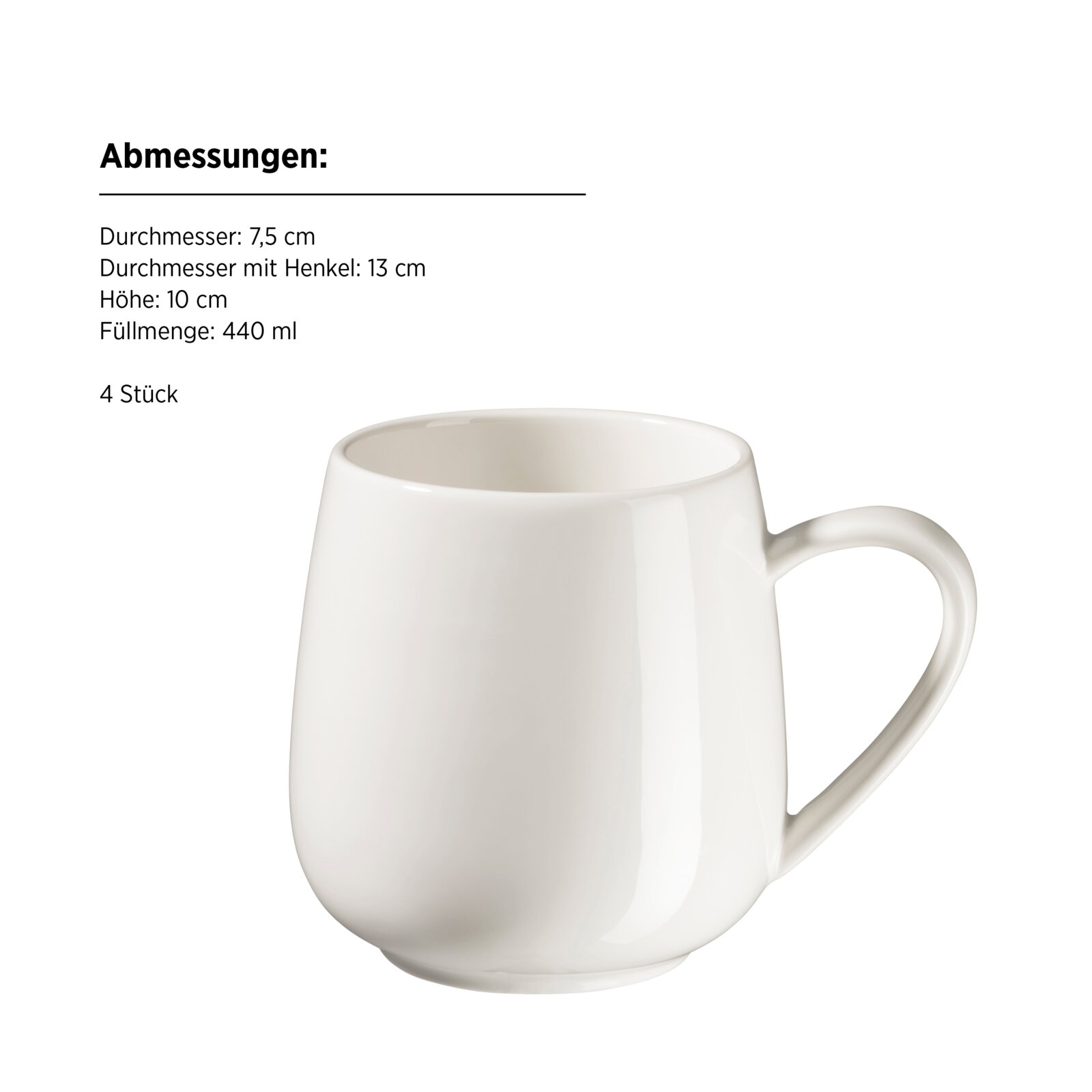 Weiße Keramik-Kaffeetasse (440 ml) mit Henkel, freigestellt auf weißem Hintergrund, Frontansicht leicht von oben