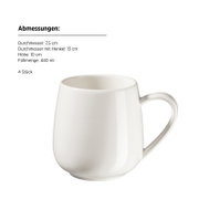 Weiße Keramik-Kaffeetasse (440 ml) mit Henkel, freigestellt auf weißem Hintergrund, Frontansicht leicht von oben