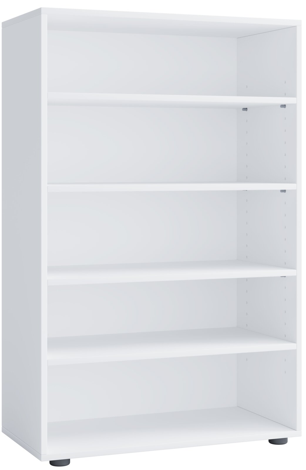 Weißes, offenes Standregal/Bücherregal mit vier Einlegeböden und höhenverstellbaren Fachböden, Ansicht schräg von vorne (Frontansicht in leichter Perspektive)