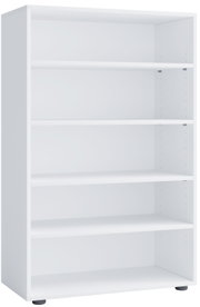 Weißes, offenes Standregal/Bücherregal mit vier Einlegeböden und höhenverstellbaren Fachböden, Ansicht schräg von vorne (Frontansicht in leichter Perspektive)