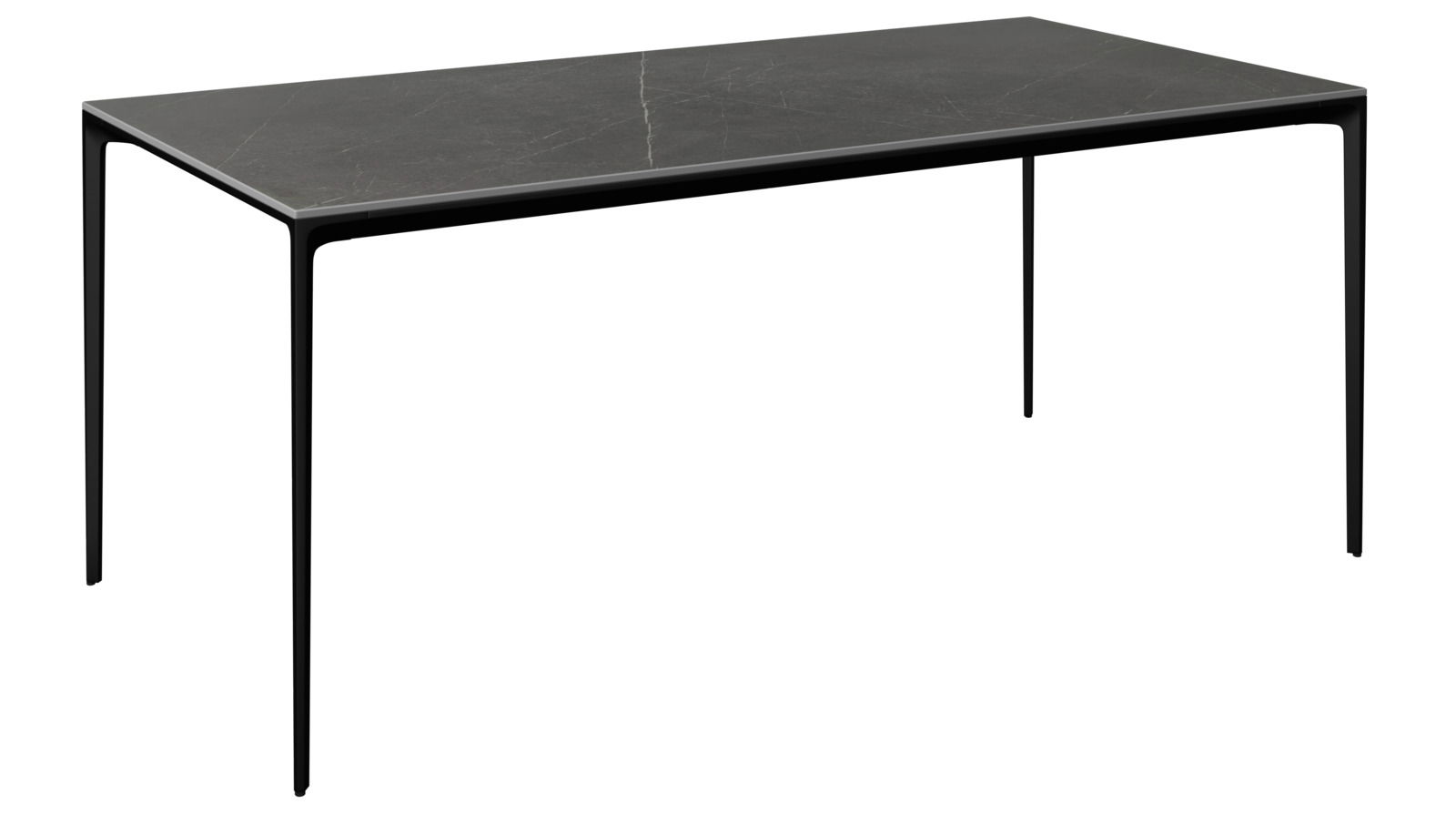 Moderner schwarzer Gartentisch mit schlanken Beinen, seitliche Perspektive