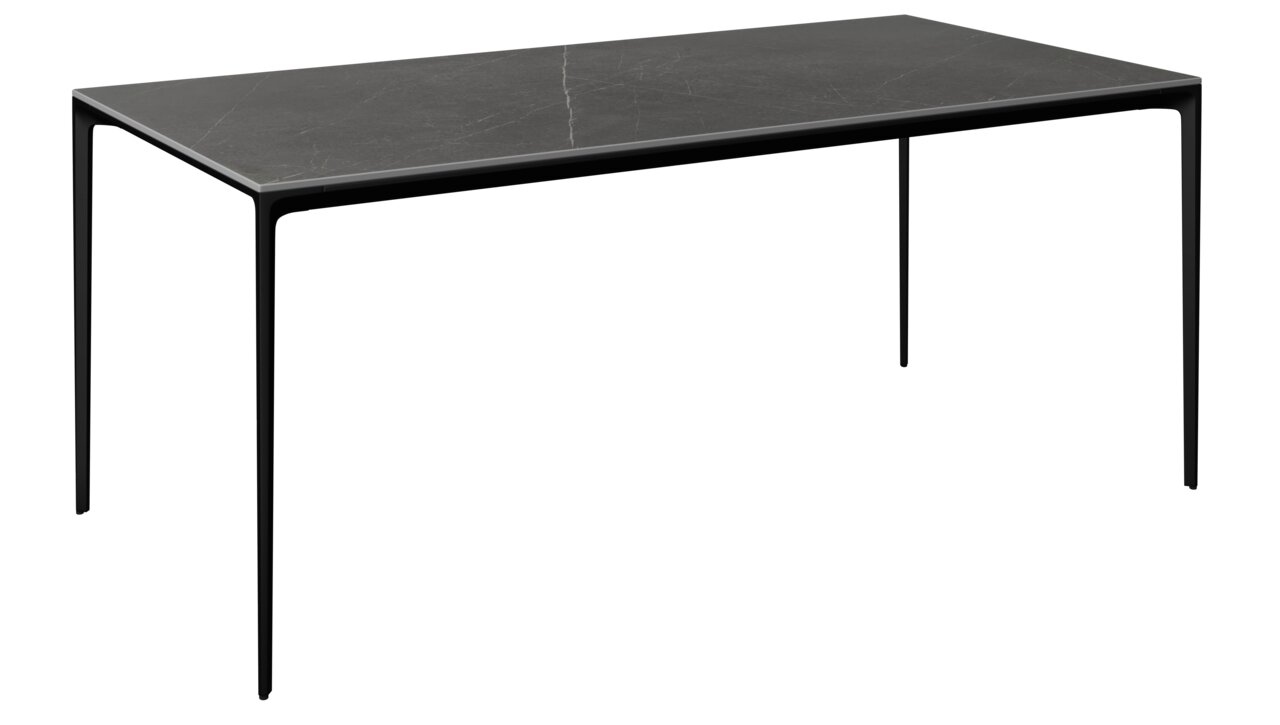 Moderner schwarzer Gartentisch mit schlanken Beinen, seitliche Perspektive