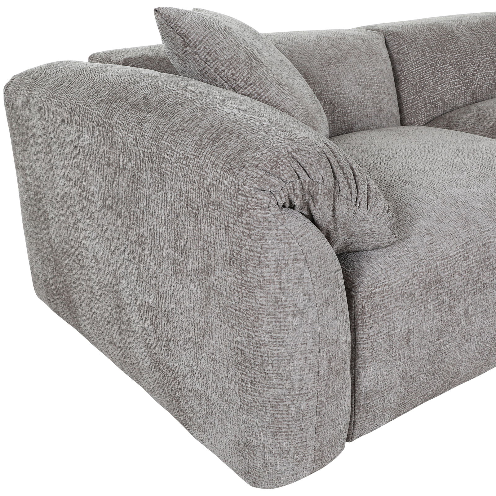 Z2 Ecksofa CLASSY Graues Ecksofa CLASSY mit weicher Polsterung und Kissen, seitliche Perspektive.