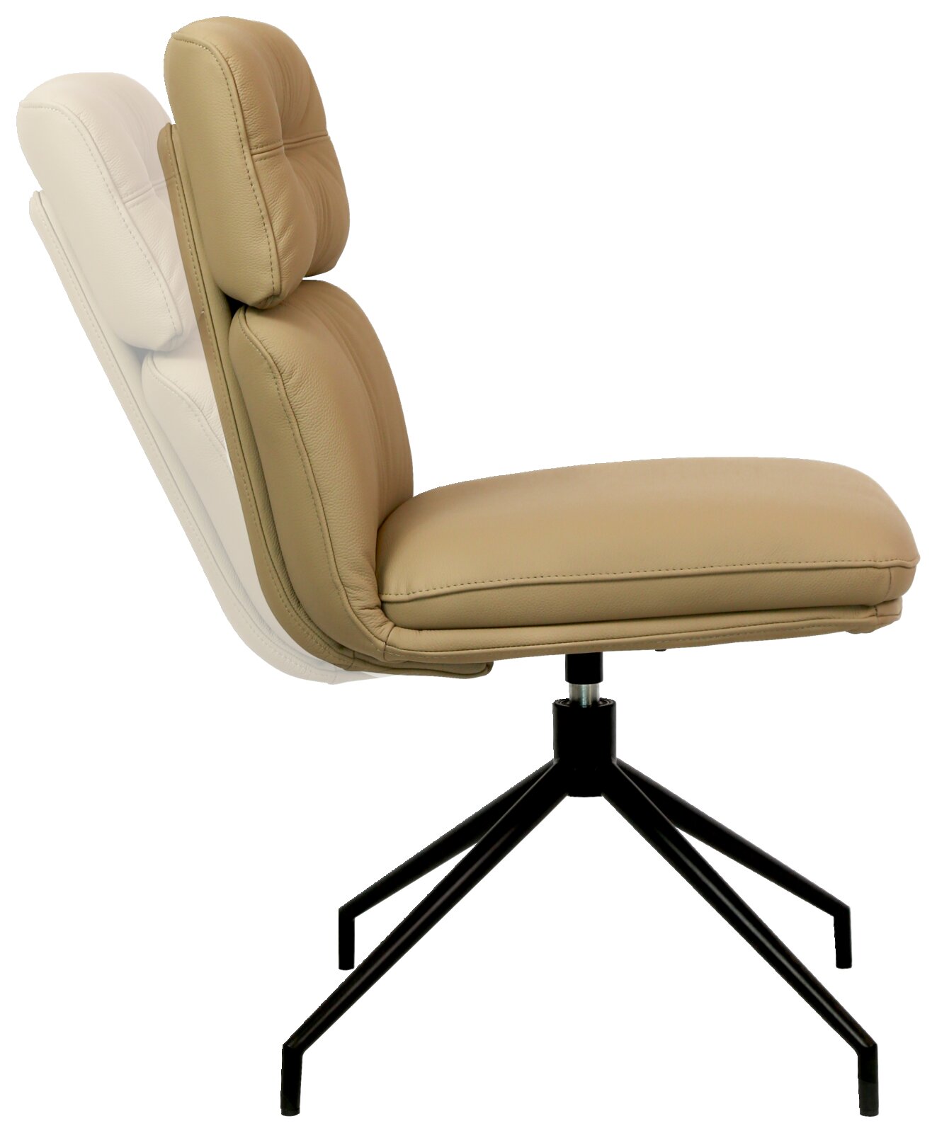 Moderne, verstelbare stoel in zijaanzicht met een beige lederen bekleding en een zwart metalen frame.