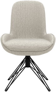 Moderner Drehstuhl mit hellgrauem Stoffbezug und schwarzem Metallgestell, Frontalansicht