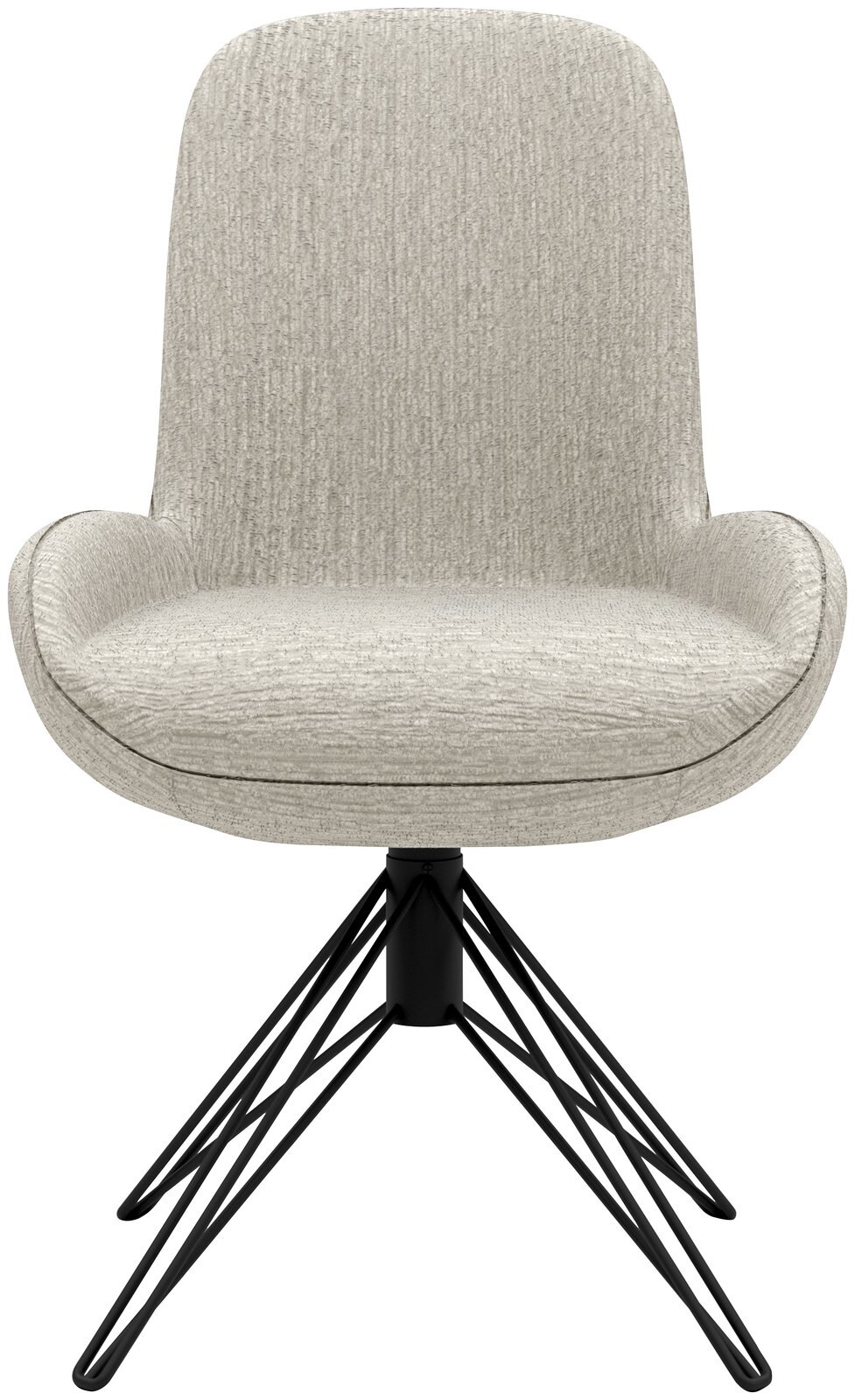 Moderner Drehstuhl mit hellgrauem Stoffbezug und schwarzem Metallgestell, Frontalansicht